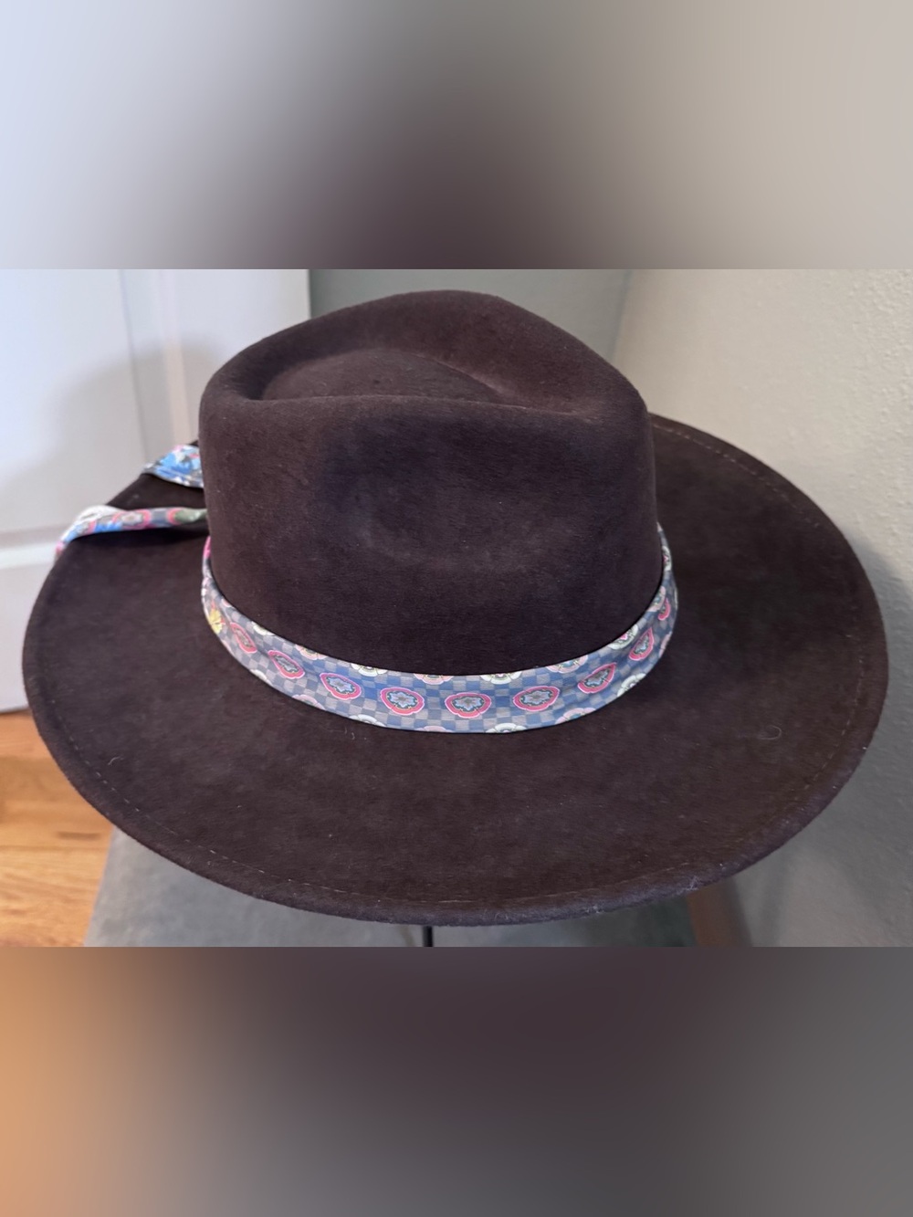 Johnny Was Dark Brown Wool Fedora with Patterned Blue Band